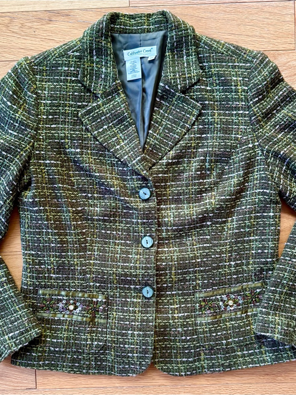 EUC Coldwater Creek Olive Green Tweed Embellished Women's Blazer Jacket, Sz PS - Picture 3 of 12